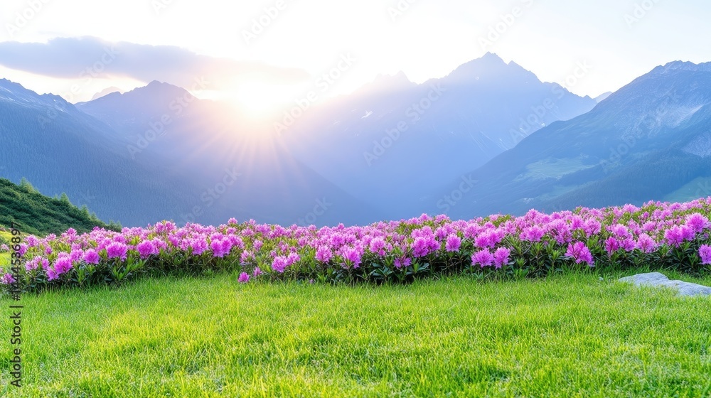 Obraz premium Alpine Rhododendrons Lush Meadow Vibrant Sunrise Landscape High-resolution Panoramic View Floral Texture Peaceful Serenity Mountain backdrop Soft Pink Hues Ideal for travel brochures