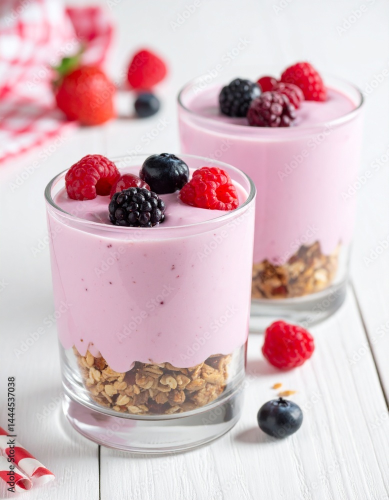 Delicious fresh berry parfaits layered with creamy yogurt and crunchy granola for a wholesome, refreshing breakfast or snack Delicious fresh berry parfaits layered with creamy yogurt and crunchy granola for a wholesome, refreshing breakfast or snack