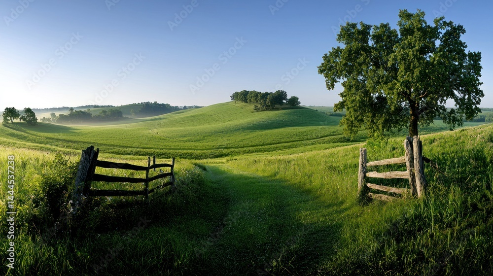 An open wooden gate invites entry to a lush green landscape An open wooden gate invites entry to a lush green landscape