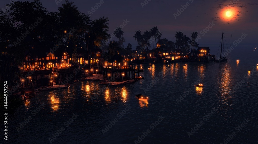 Fototapeta premium A tranquil waterside scene at twilight with inviting glowing lights