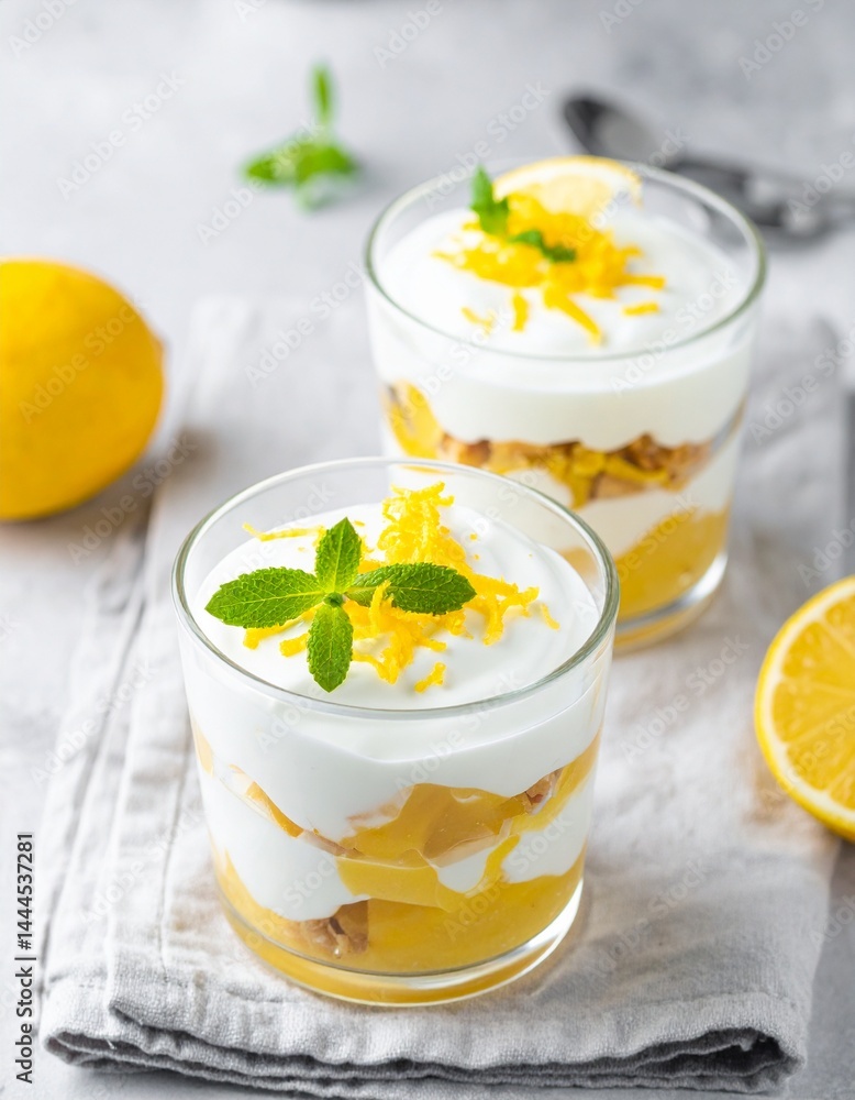 Zesty lemon yogurt parfait cups layered with creamy yogurt, fresh fruit, and a crunchy granola topping Zesty lemon yogurt parfait cups layered with creamy yogurt, fresh fruit, and a crunchy granola topping
