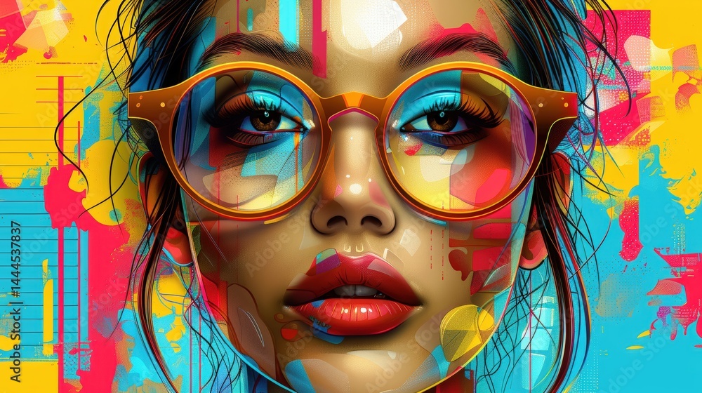 Fototapeta premium Portrait of a woman with glasses and vibrant abstract expressive art style