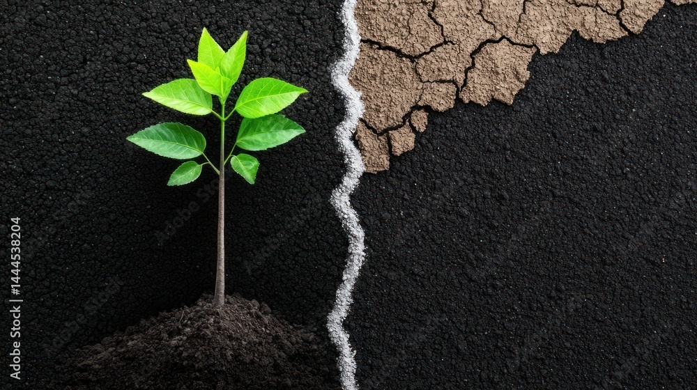 Naklejka premium A young green plant thriving on a dark soil surface