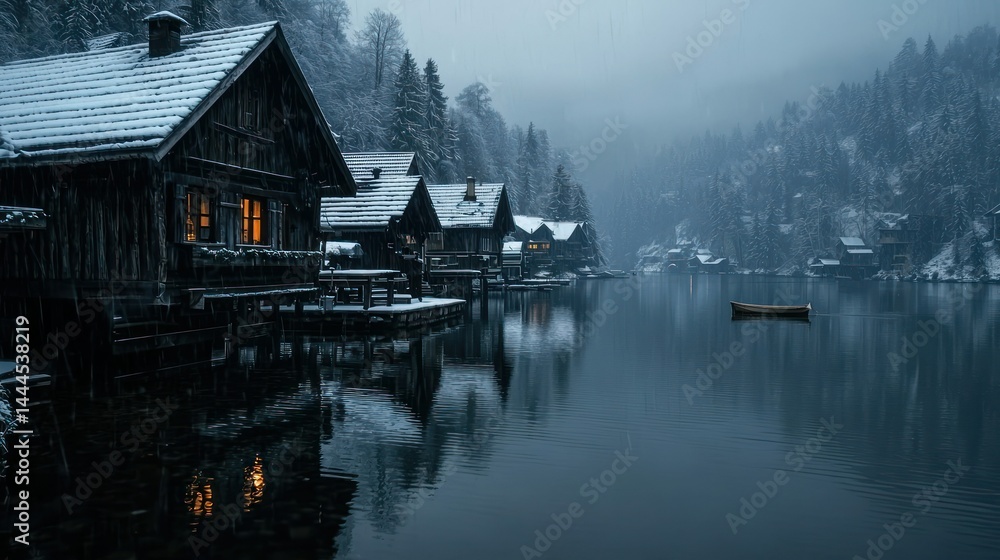 Fototapeta premium Wooden lakeside cabins stand with soft snow covering their rooftops