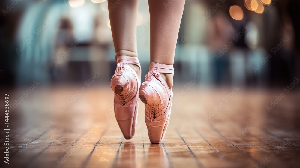 Naklejka premium A ballerina in full pointe pose, with her pink ballet shoes perfectly positioned on her toes, standing on a polished wooden stage.