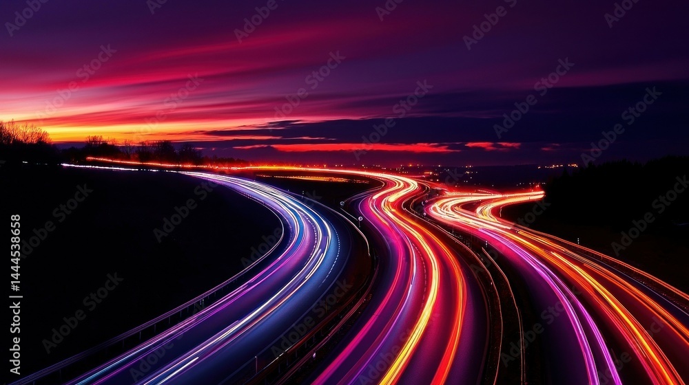 Bright colorful streaks of light along curving roadways at dusk Bright colorful streaks of light along curving roadways at dusk