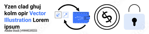 Digital wallet with circuit design, currency symbol, lock, and arrows indicating exchange flow. Ideal for finance, security, fintech, online payments, cryptocurrency transaction safety