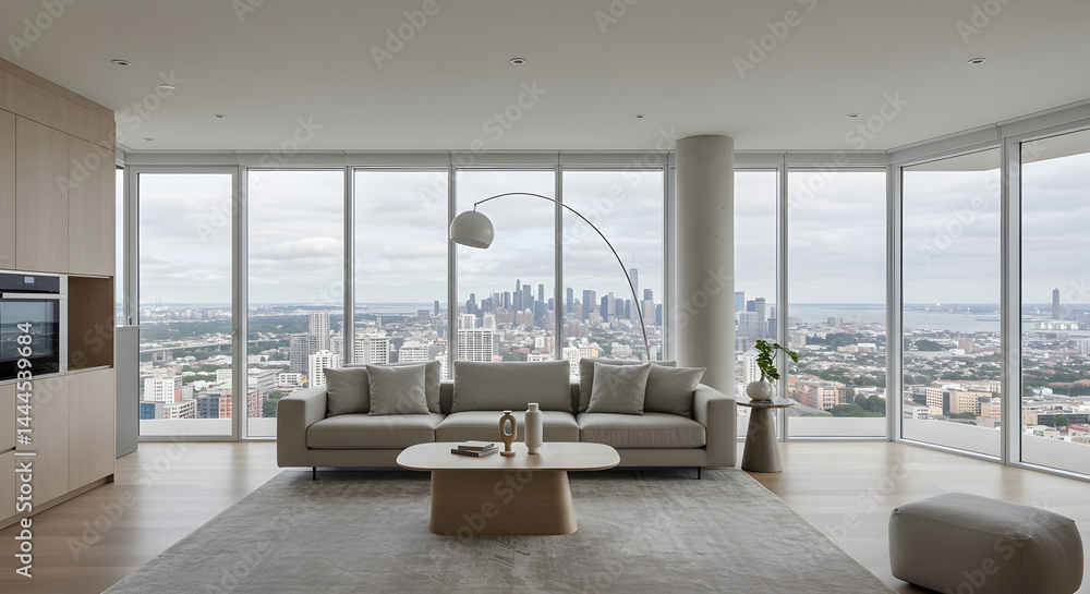 Fototapeta premium Modern Living Room With Cityscape View And Contemporary Interior Design