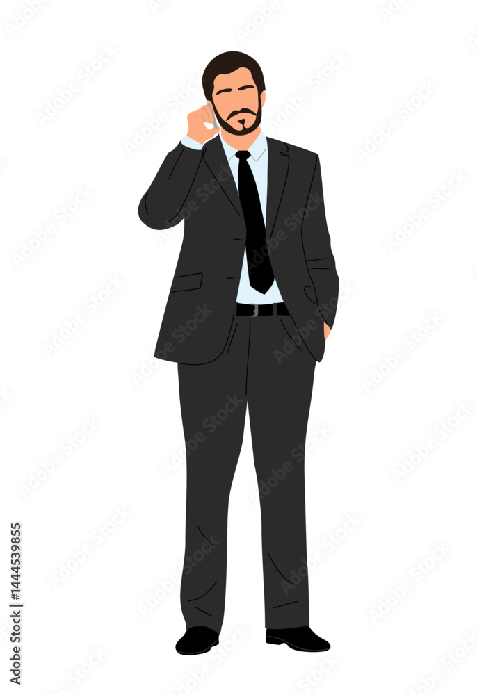Handsome business man in formal suit standing, talking by phone. Vector flat illustration isolated on transparent background. Handsome business man in formal suit standing, talking by phone. Vector flat illustration isolated on transparent background.