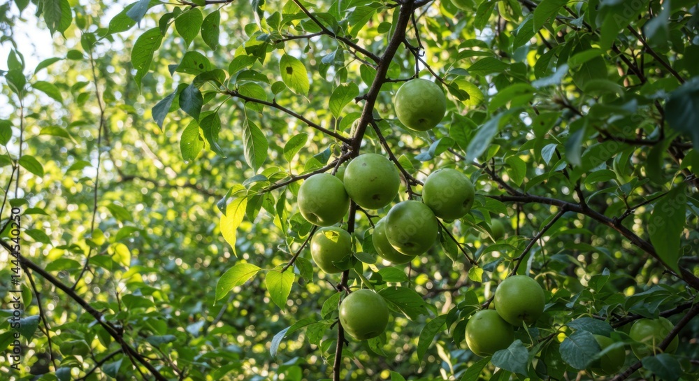 Close up view of green apples growing on a tree branch in natural sunlight Close up view of green apples growing on a tree branch in natural sunlight