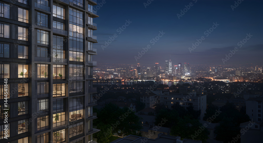 Urban Living At Night Modern Condominium Tower With Cityscape View Urban Living At Night Modern Condominium Tower With Cityscape View