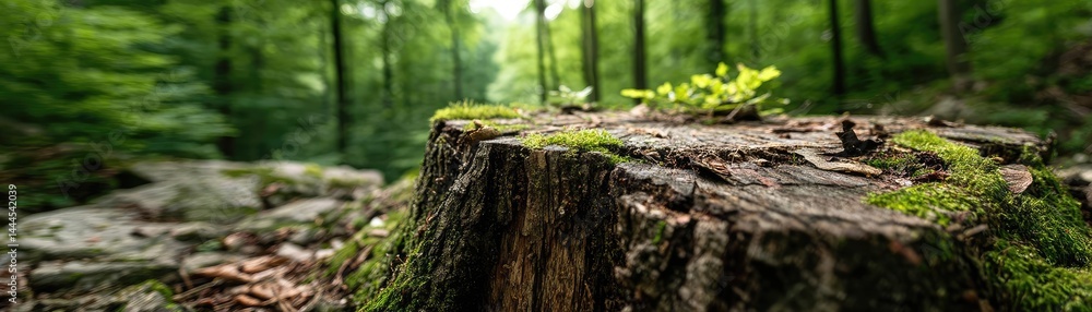 Tree stump representing environmental damage and forest decline concept. A serene forest scene featuring a moss-covered tree stump. Tree stump representing environmental damage and forest decline concept. A serene forest scene featuring a moss-covered tree stump.
