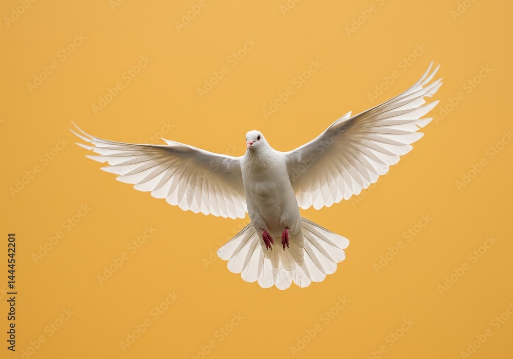 Fototapeta premium A white dove flying with its wings spread wide against a solid yellow colored background in a close up shot