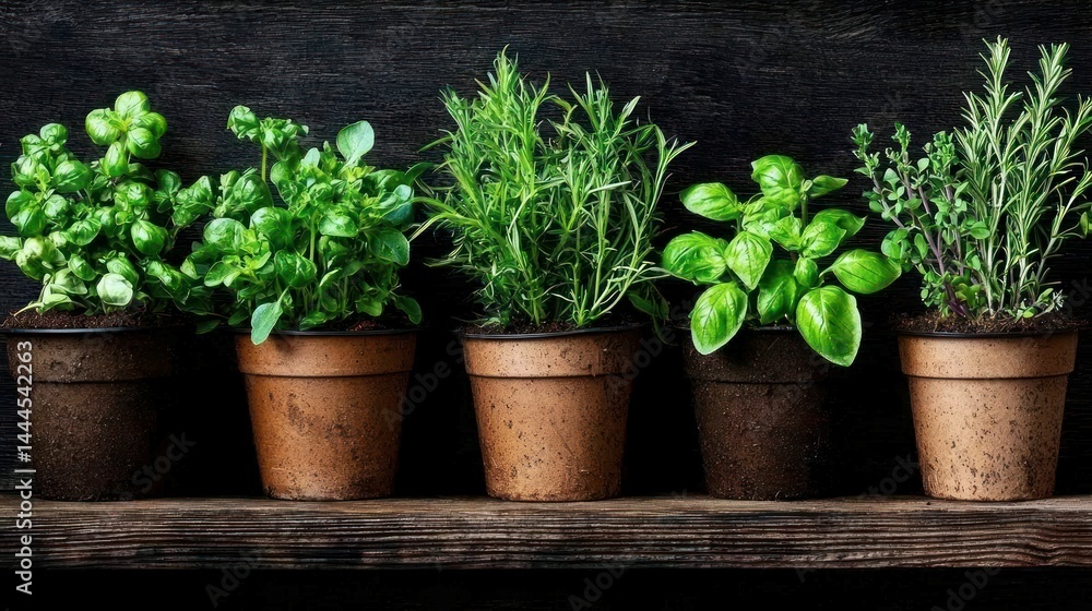 Five potted green herbs arranged neatly on a wooden shelf Five potted green herbs arranged neatly on a wooden shelf