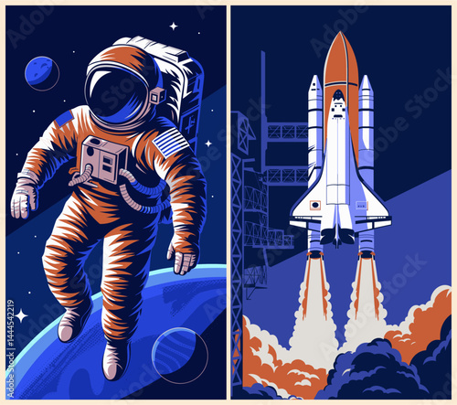 Astronaut in space retro Posters, backgrounds, covers vector set. Space and the universe concept. Cosmonaut in spacesuit flying in galaxy with stars and planets vintage style illustrations