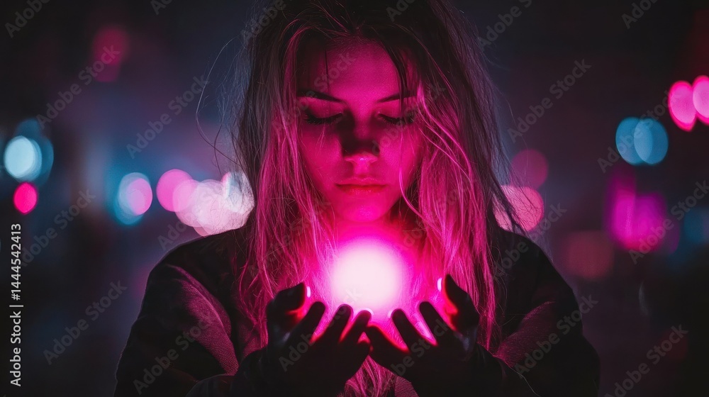 A woman with glowing light cupped within her hands softly A woman with glowing light cupped within her hands softly