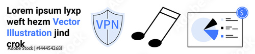 Shield with VPN, two musical notes, and a pie chart with dollar icon. Ideal for security, privacy, music, finance, technology, data networking simple landing page