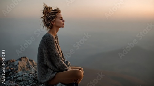 Woman Seated in Peaceful Meditation at Sunrise on Mountain Top Retreat