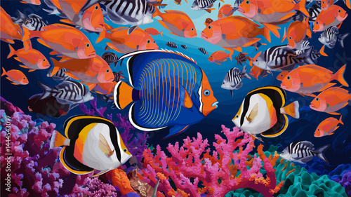 Underwater vector background, banner. Life at sea or ocean bottom. Exotic undersea world with coral reef, colorful fish, cute underwater creatures. Marine landscape, seascape