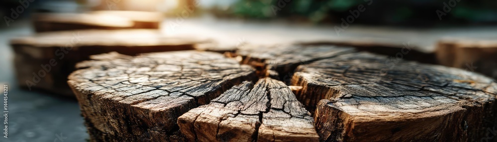 Tree stump representing environmental damage and forest decline concept. Close-up of a wooden log segment with intricate textures and details. Tree stump representing environmental damage and forest decline concept. Close-up of a wooden log segment with intricate textures and details.