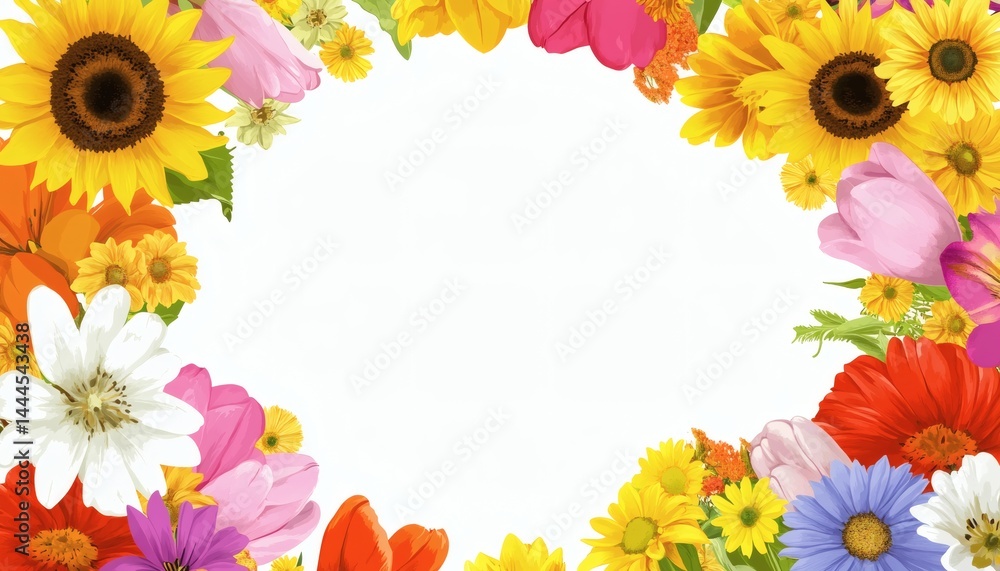 Fototapeta premium Vibrant floral border framing a blank space.