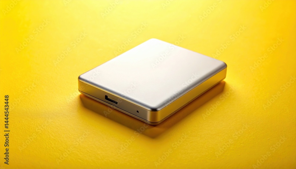 Elegant portable storage device on yellow background technology showcase minimalist style modern aesthetics Elegant portable storage device on yellow background technology showcase minimalist style modern aesthetics