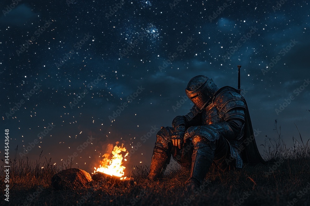 Knight in armor sits by a fire under a starlit sky in a tranquil night setting, Armored knight sitting by a fire under a starry sky, contemplating the night Fantasy setting concept Knight in armor sits by a fire under a starlit sky in a tranquil night setting, Armored knight sitting by a fire under a starry sky, contemplating the night Fantasy setting concept
