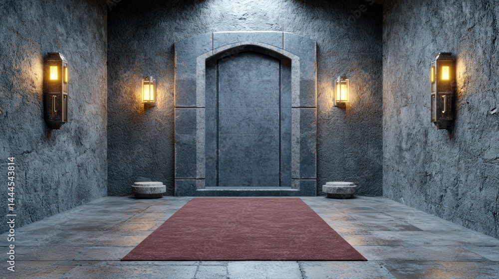 Obraz premium Grand Gothic Hall Interior Concept, Dark stone corridor with a decorative door and lanterns, featuring a red carpet.