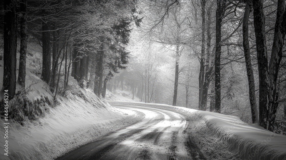 Obraz premium Winter road winding through snow-covered forest.