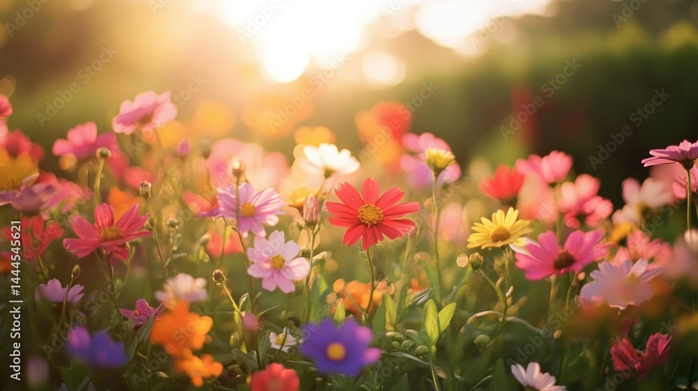 Obraz premium A beautiful field of colorful flowers bathed in warm sunlight