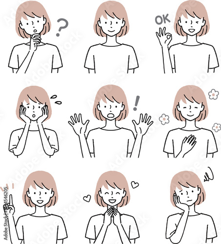若い女性の表情セット