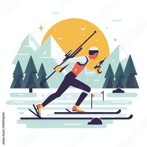 biathlon, sport, competition, winter, vector, illustration, snow, athlete, ski, isolated, skier, activity, speed, man, background, action, equipment, game, white, silhouette, healthy, active, icon, ra
