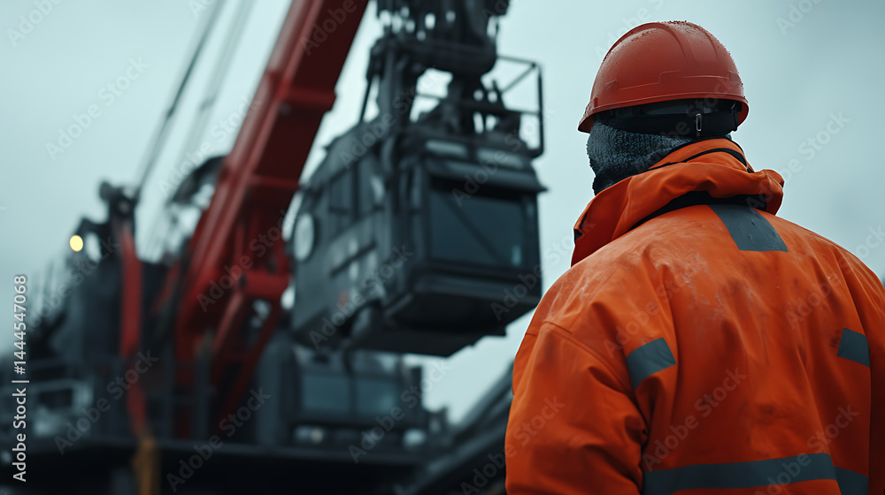 Worker in High-Visibility Jacket Observing Industrial Crane Worker in High-Visibility Jacket Observing Industrial Crane