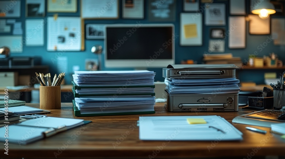 Organized workspace with documents Organized workspace with documents