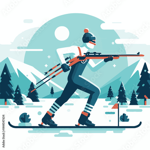 biathlon, sport, competition, winter, vector, illustration, snow, athlete, ski, isolated, skier, activity, speed, man, background, action, equipment, game, white, silhouette, healthy, active, icon, ra