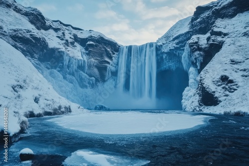 Wallpaper Mural Stunning waterfall cascading into a frozen lake under a snowy aurora sky, amazing waterfall in frozen lake with aurora, snowy beautiful Photo ing Torontodigital.ca