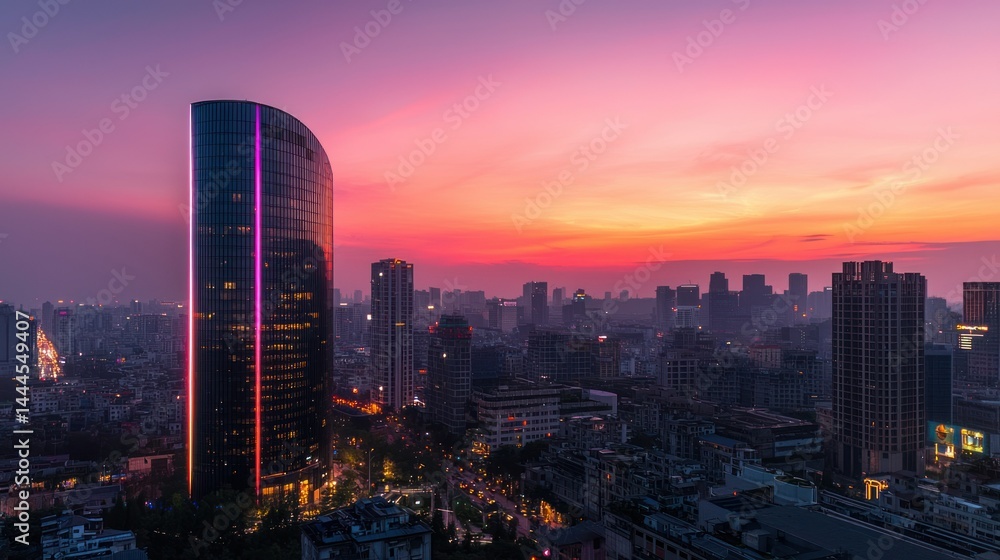 Obraz premium A modern city skyline illuminated by a colorful sunset sky