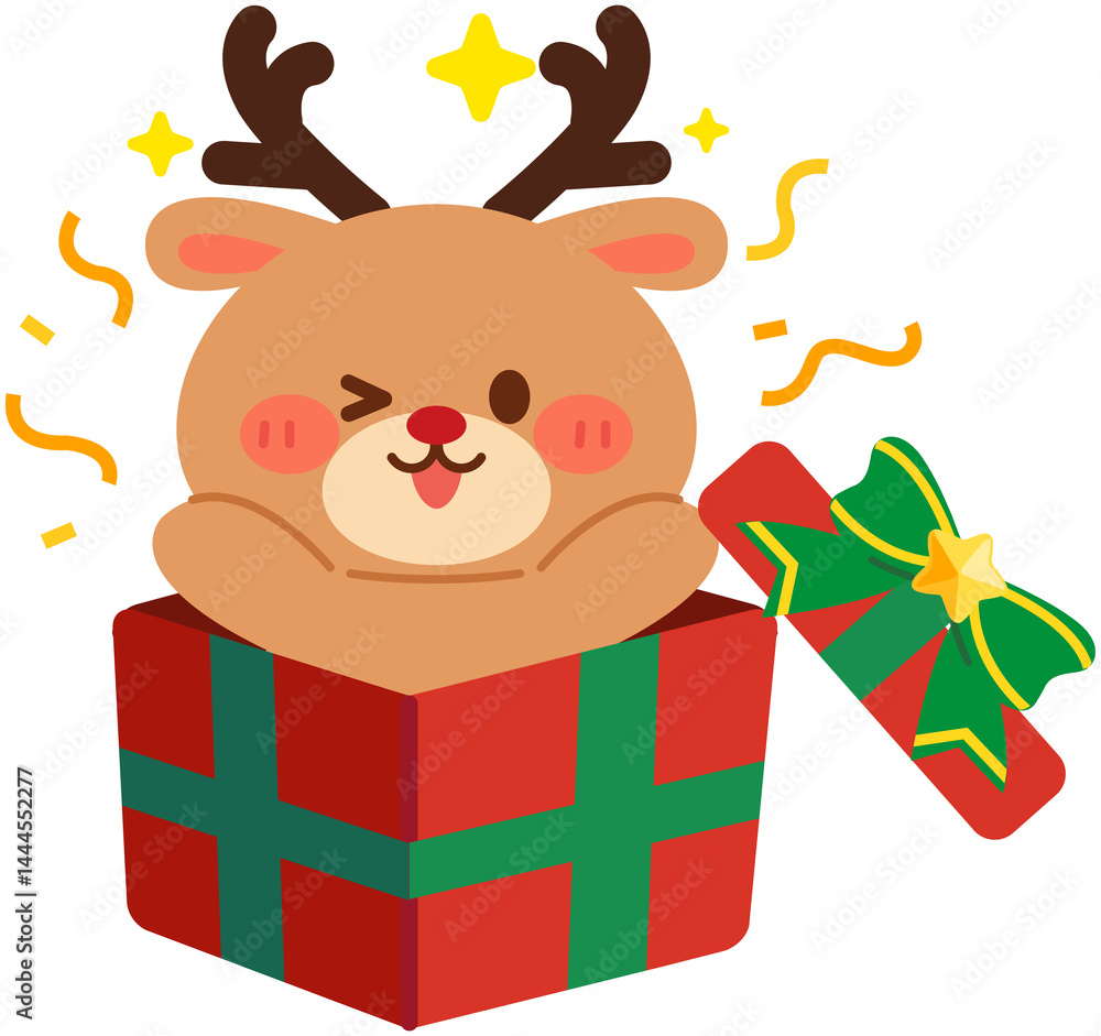 Naklejka premium Cute Christmas Reindeer Gift Box