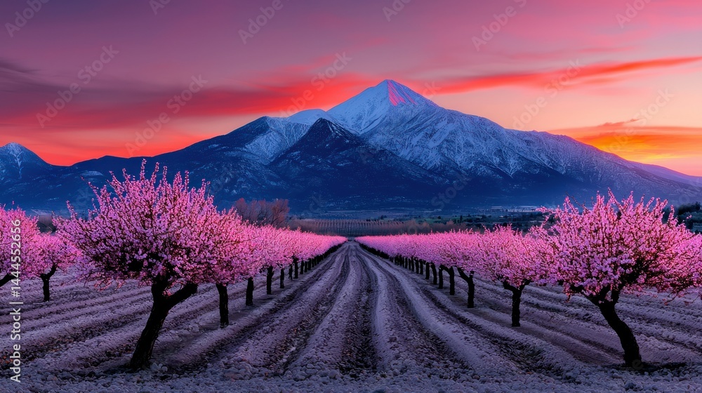 Naklejka premium A beautiful landscape featuring blooming trees and a mountain