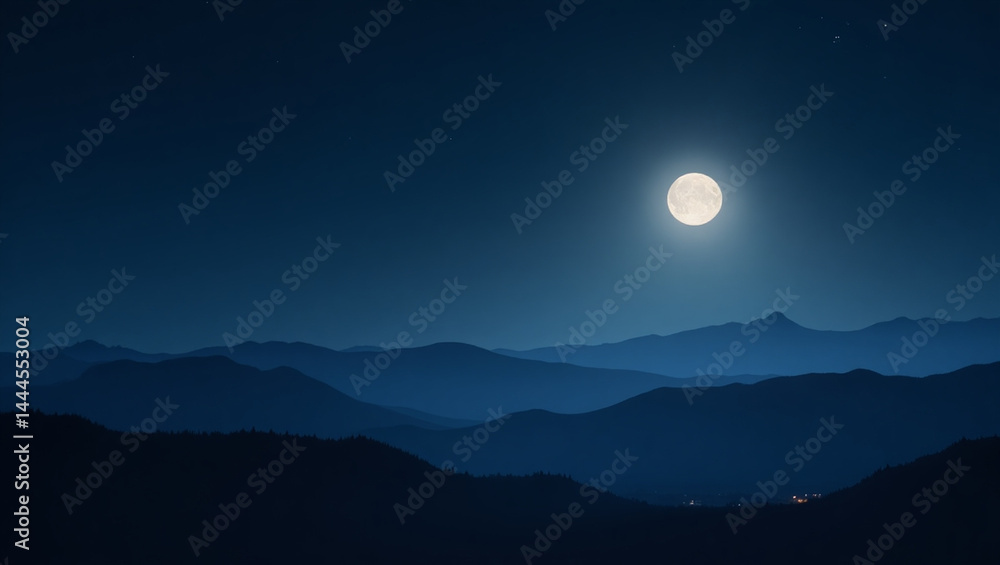 Fototapeta premium Moonlit Ridges Framed by Full Moon – Tranquil Night View