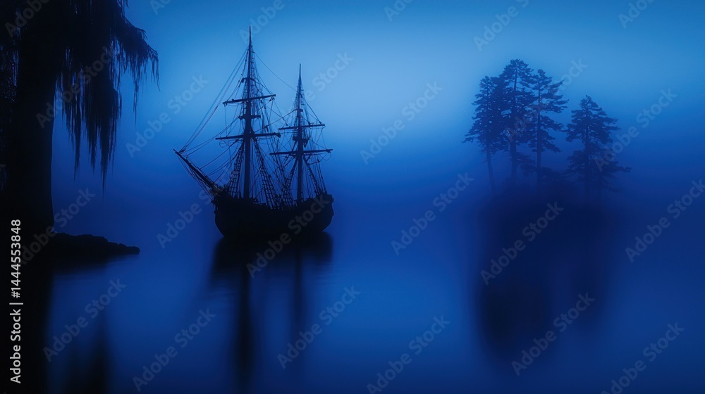A sailing ship floats on still water in a dreamy atmosphere A sailing ship floats on still water in a dreamy atmosphere