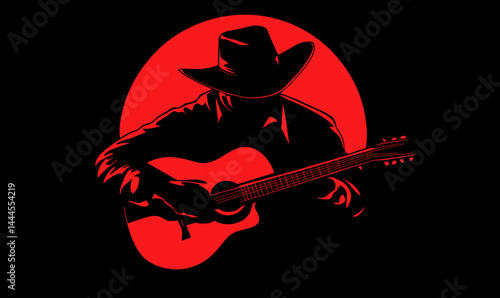 Silhouette of Cowboy Guitarist in Minimalist Red and Black Vector Illustration
