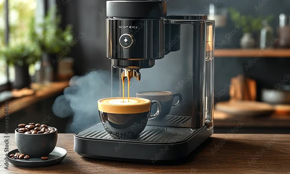 Modern coffee machine brewing espresso in a cozy kitchen with coffee beans on the side