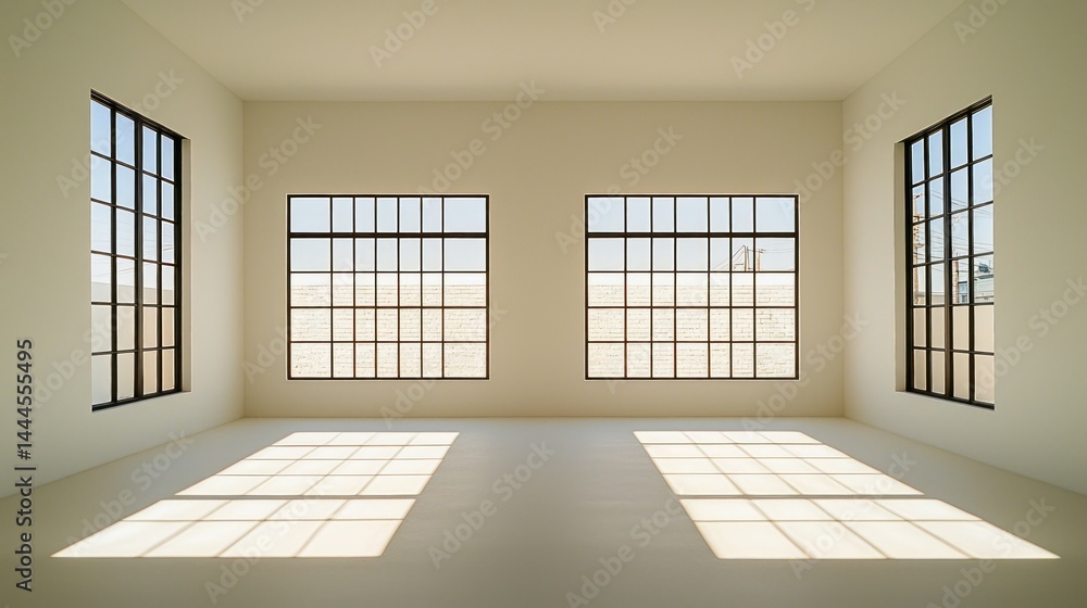 Obraz premium An empty room featuring multiple grid windows with direct sunlight