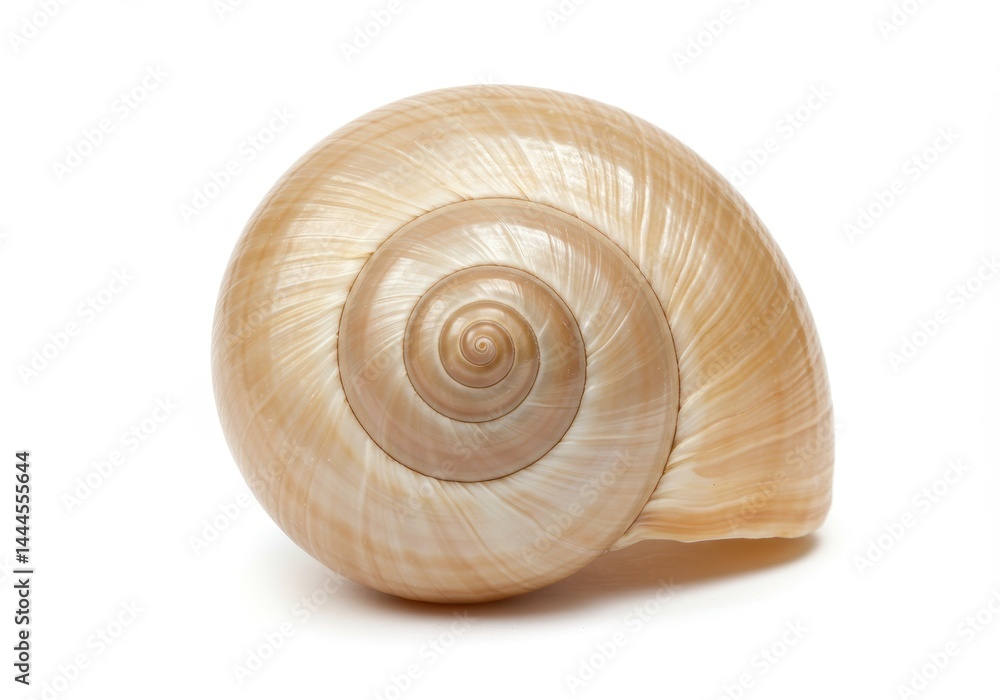 A close up of a spiral seashell with a smooth texture on a white background in studio lighting
