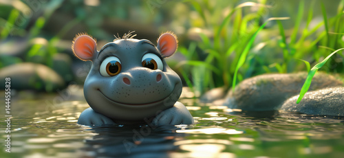 Cute cartoon hippo smiling in water surrounded by greenery and rocks.