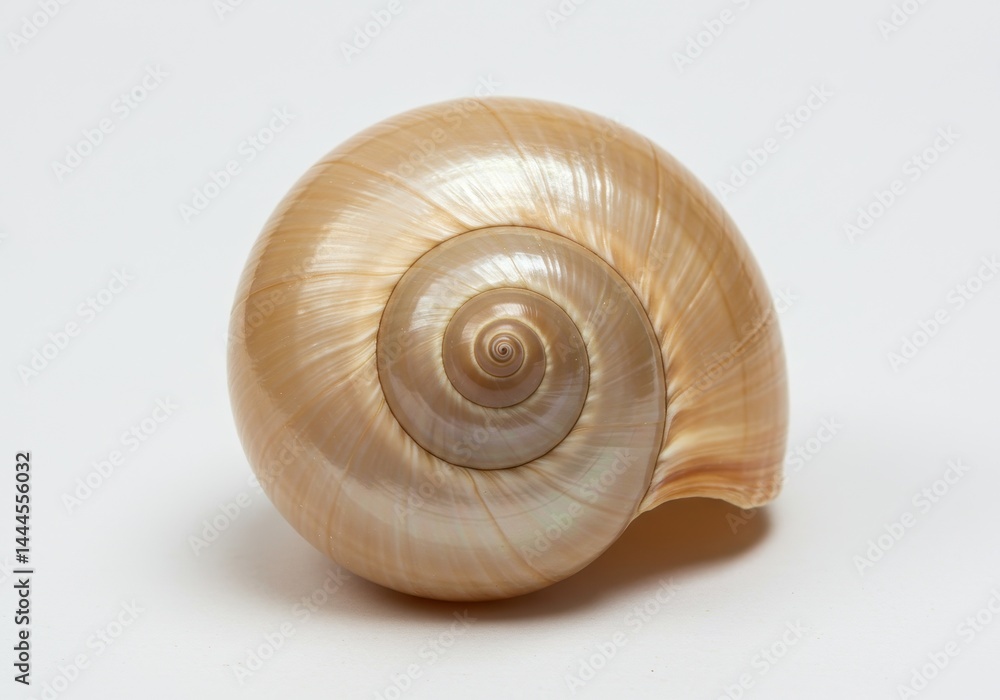 A close up view of a spiral seashell with a smooth surface on a plain white background studio shot A close up view of a spiral seashell with a smooth surface on a plain white background studio shot
