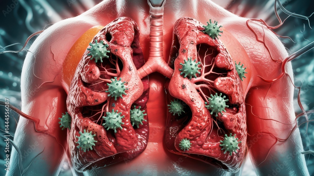 Naklejka premium Human lungs infected with virus illustration
