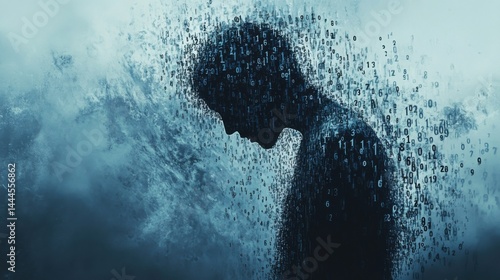 An abstract depiction of a person dissolving into a sea of numbers, symbolizing the depersonalization in digital age photo