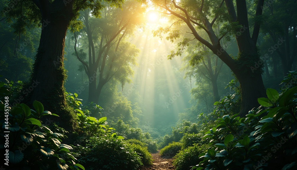 Obraz premium Dense mysterious jungle, rainforest in the sun, tropics full of greenery. Created using technology.